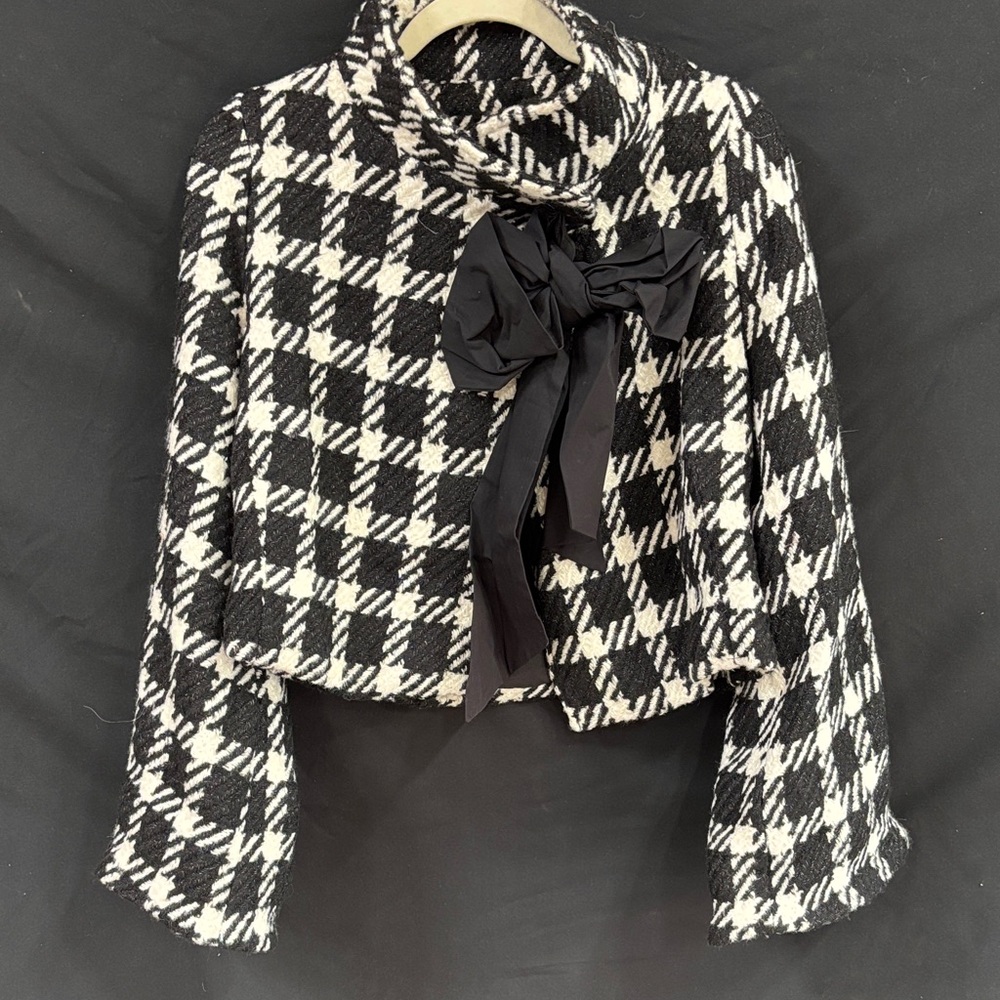 Eva Franco Black and White Checkered Blazer with Bow